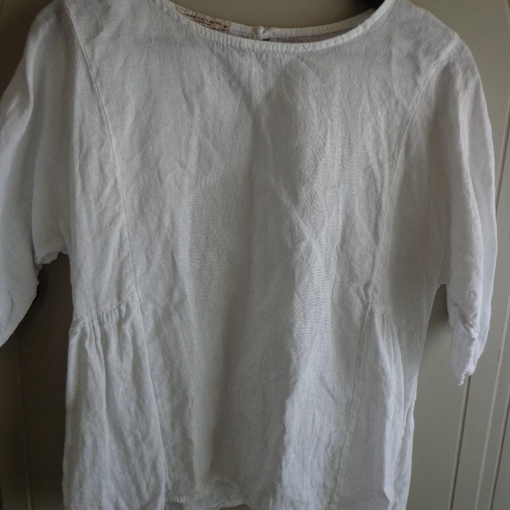 NWOT FRANCESCA BRETTINI Linen Top M White 1/2 Raglan Sleeves Button